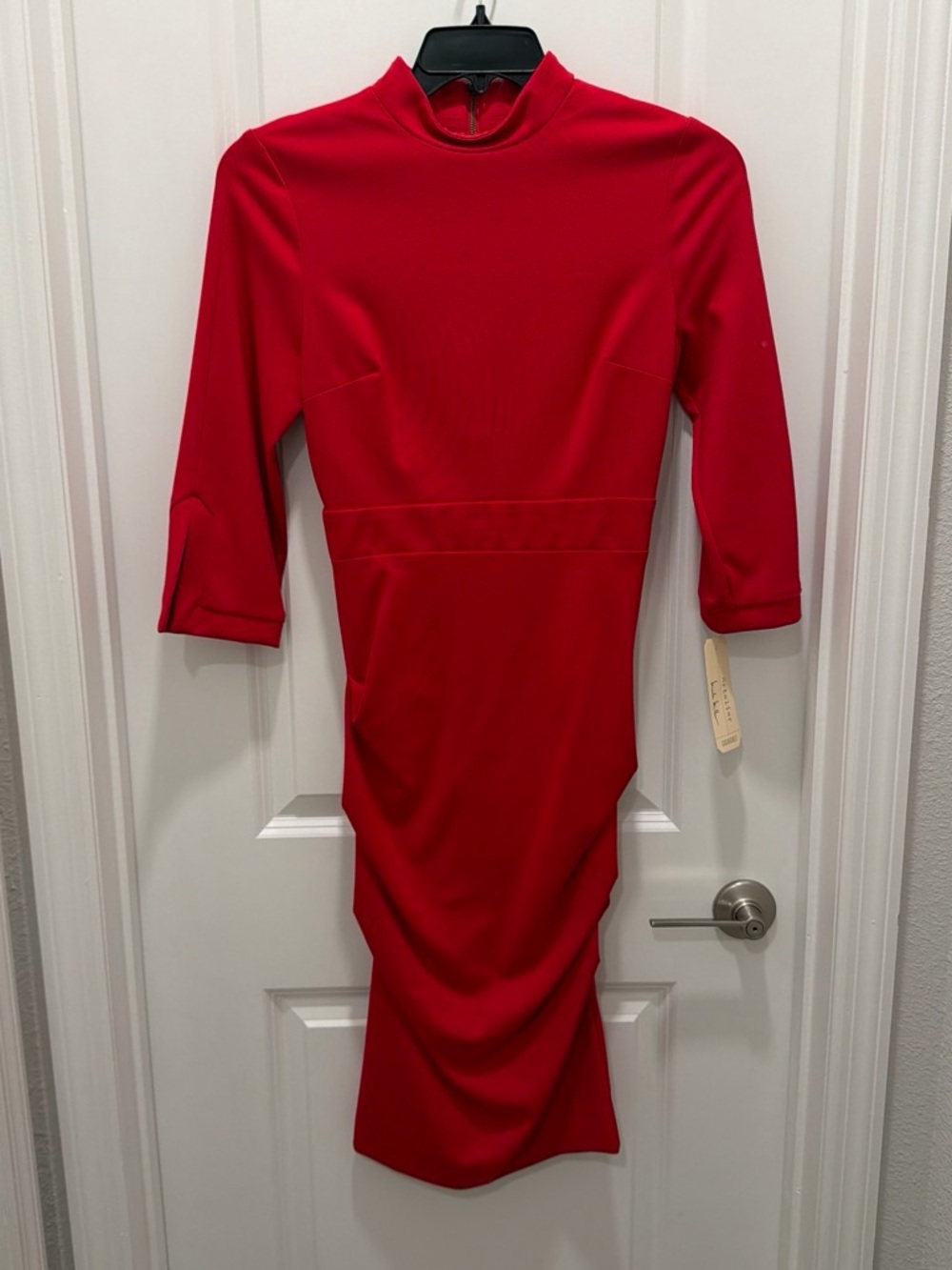 Red Midi Sheath Dress with Mock Neck